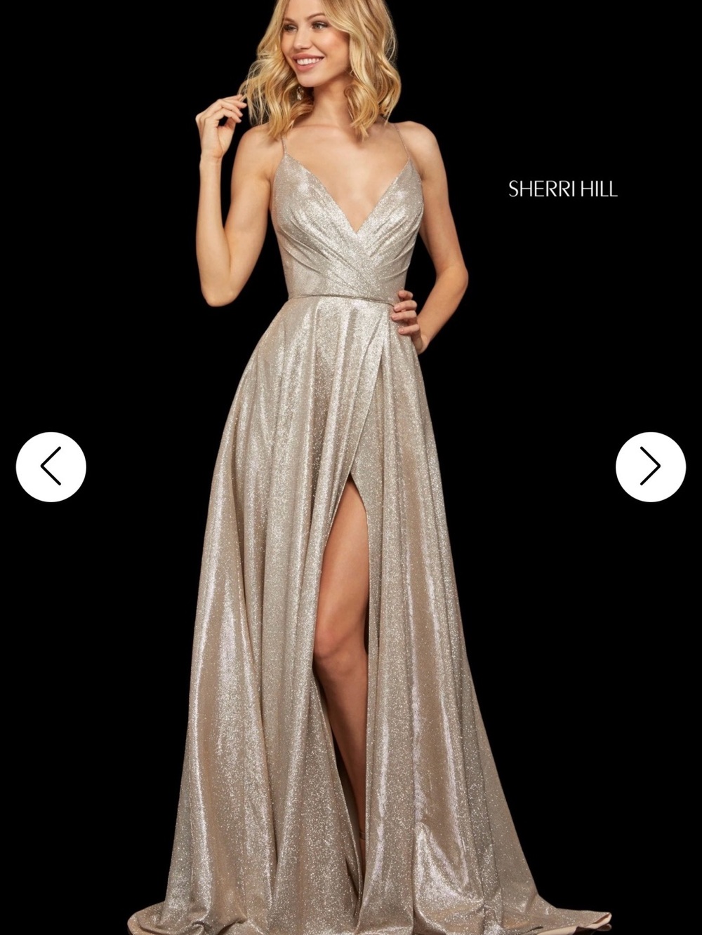 Sherri Hill Champagne Sparkle Plunging A-Line Gown